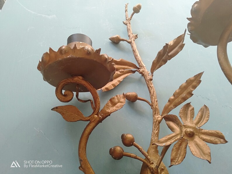 Vintage set two wall sconces Metal leaf Made in Spain Kogl Etsy