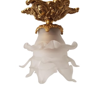 Vintage small bronze ceiling lamp. Frosted flower shaped glass shade. Tested and working. Made in Spain.
