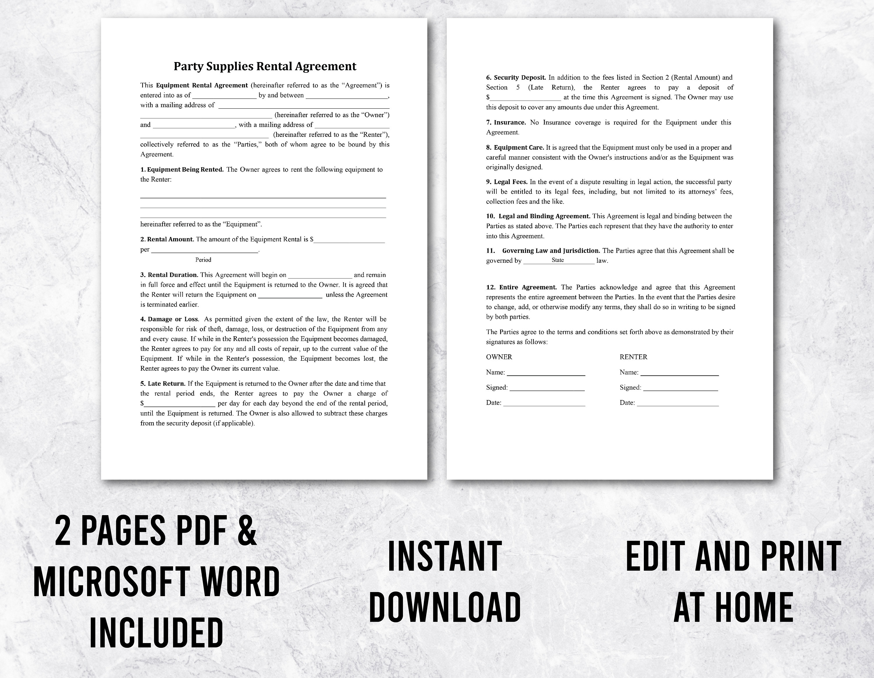 Party Supplies Rental Agreement Party Equipment Rental Etsy