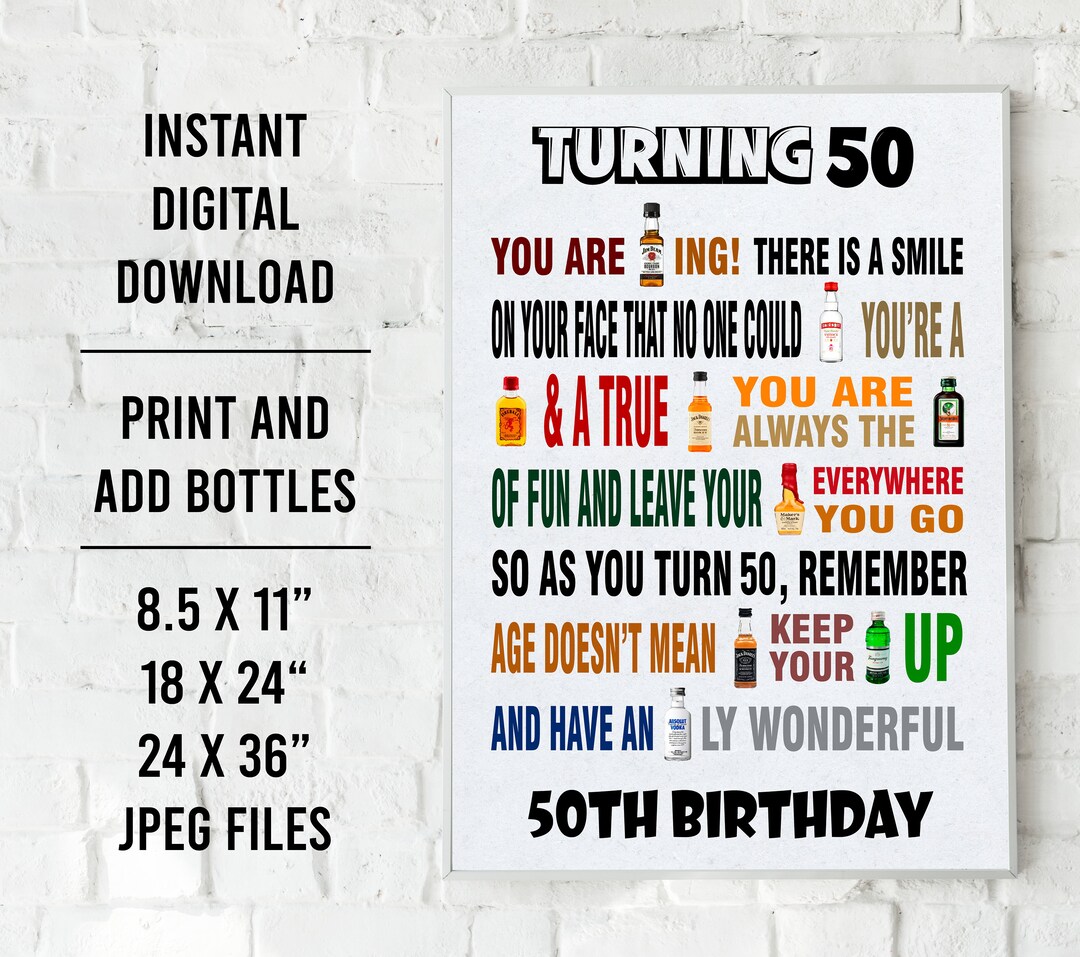 50th Birthday Funny Liquor Bottles Poster Sarcastic 50th Etsy Canada