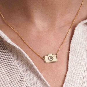 14K Gold Camera Necklace, Personalized Initial Necklace, Camera Charm Necklace, Photography Necklace, Photographer Gifts, Videographer Gifts