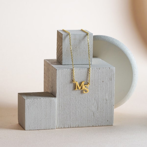 14K Gold Double Initial Name Necklace | Gold Two Initial Necklace | Big Letter Necklace | Custom Two Letter Necklace | Couple Necklace