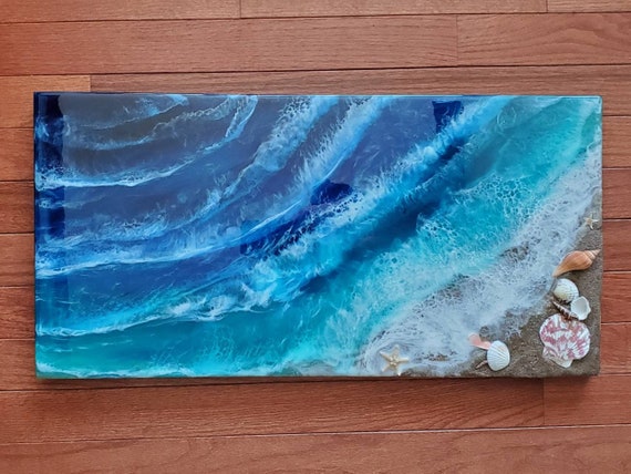 Original Epoxy Resin and Acrylic Paint Ocean Beach Art on 12 by 24