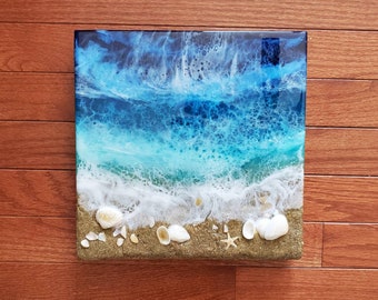 Original 10 by 10 inch epoxy resin and acrylic paint ocean beach art fluid pour painting with real sand and seashells coastal home decor