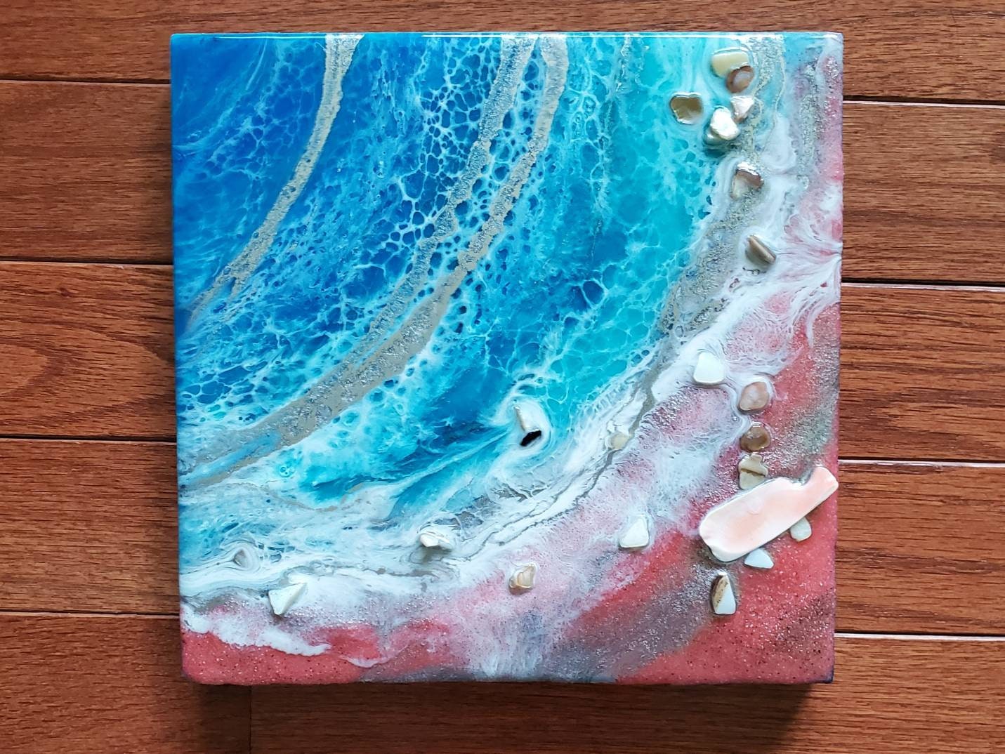 Original Epoxy Resin and Acrylic Paint Ocean Beach Art on 12 by 24