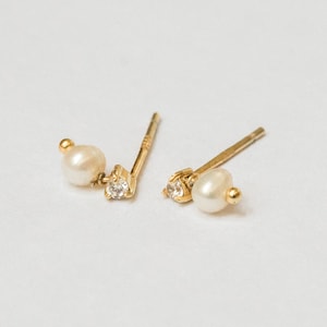 Tiny Pearl and CZ Diamond Studs: 14k Gold Vermeil Earrings