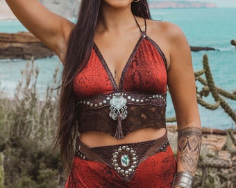 IZADI CROP TOP - Rust color | snake pattern print boho burningman hippie festival tassel bohemian goa lace leather handmade fairy dance