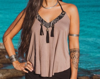 RANI TOP (beige) | limited edition leather necklace fringes festivals ozora style boho bohemian hippie festival burningman