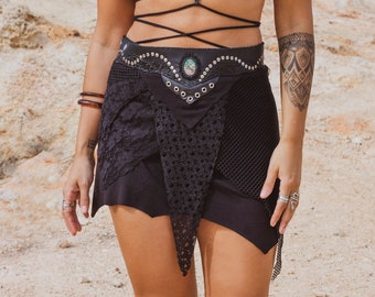 NYLA SKIRT - black edition | dark techno mini skirts short burning man festivals gemstone leather belt hippie pixie handmade festival rave
