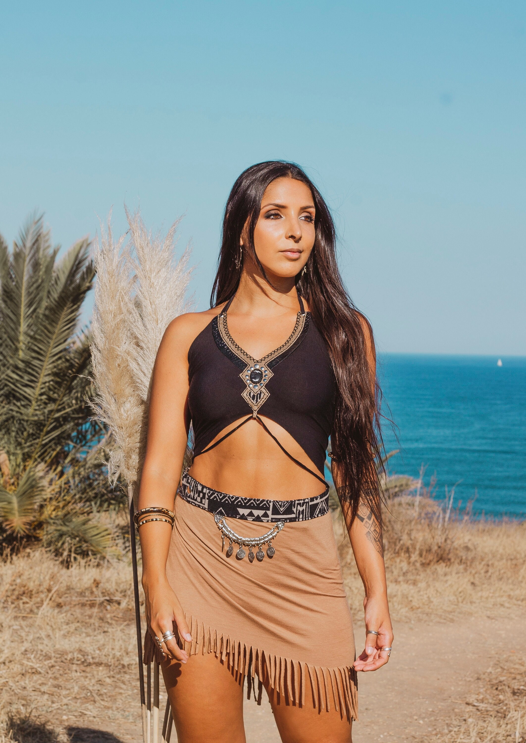 NYMPH TOP - black | butterfly boho fringes hippie necklace festivals bohemian goa festival leather handmade fairy ibiza crop tops macrame