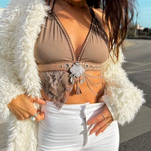 SARABI TOP | beige asymetrical burning man boho bohemian fringes hippie brown lace tribal gemstone stone silver jewelry belt western leather