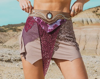 NYLA SKIRT - beige | purple lilac mini skirts short burning man festivals gemstone leather belt hippie pixie handmade festival light