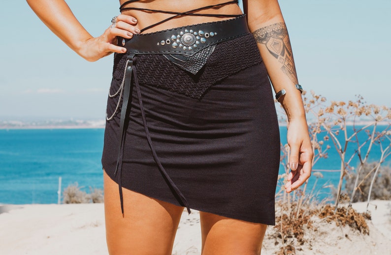 KAELI MINI SKIRT Black tribal burningman festivals boho lace leather handmade belt hippie tribal western belt chains rock image 1