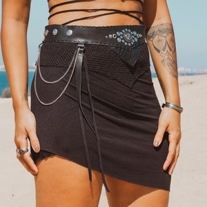 KAELI MINI SKIRT Black tribal burningman festivals boho lace leather handmade belt hippie tribal western belt chains rock image 7