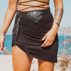 KAELI MINI SKIRT Black tribal burningman festivals boho lace leather handmade belt hippie tribal western belt chains rock image 2