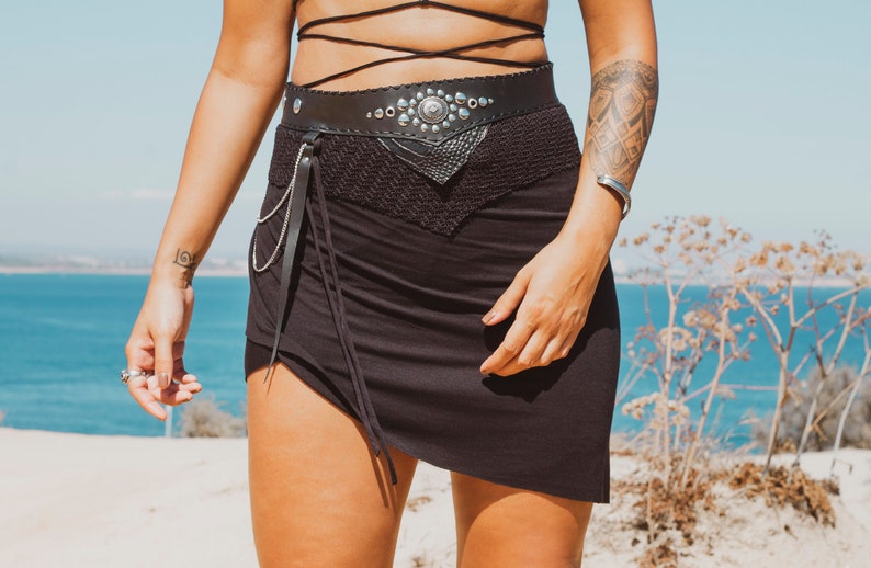 KAELI MINI SKIRT Black tribal burningman festivals boho lace leather handmade belt hippie tribal western belt chains rock image 2