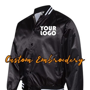 Custom Embroidered Satin Baseball Jacket Striped Trim Bomber