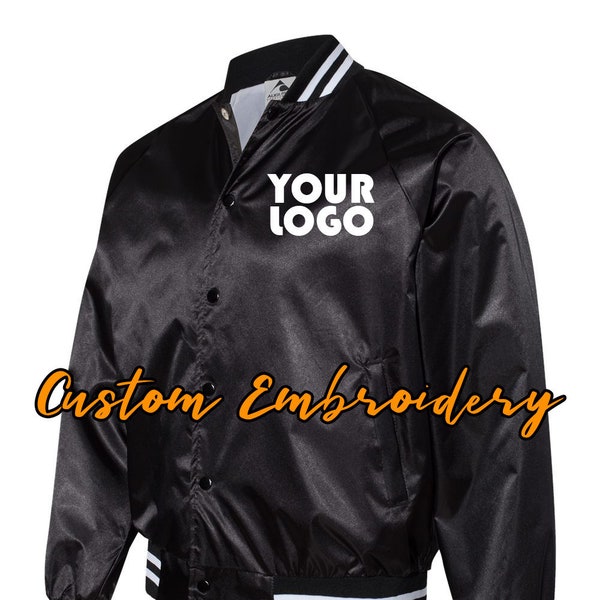 Custom Embroidered Satin Baseball Jacket Striped Trim - Bomber Jacket with 4in x 4in Embroidery Included - No Setup