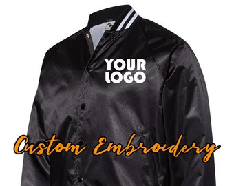 Custom Embroidered Satin Baseball Jacket Striped Trim - Bomber Jacket with 4in x 4in Embroidery Included - No Setup