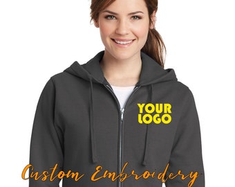 Custom Embroidered Ladies Zip Up Hoodie Sweater Jacket - Includes one 4in x 4in Embroidery - Custom Logo, Text, or Monogram - Personalized