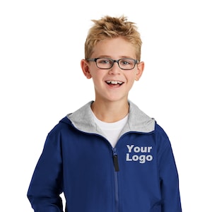 May include: A blue hooded jacket with a zipper closure and a gray fleece lining. The jacket has a pocket on each side and the text "Your Logo" is embroidered on the front.