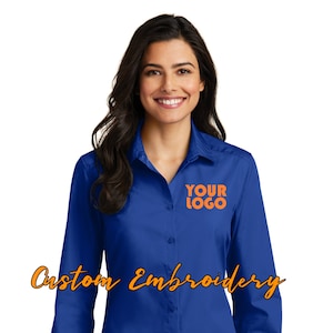 Custom Embroidery on Ladies Long Sleeve Carefree Poplin Button-Up Shirt - Includes 4in x 4in Embroidery - No Setup - Personalize Shirt