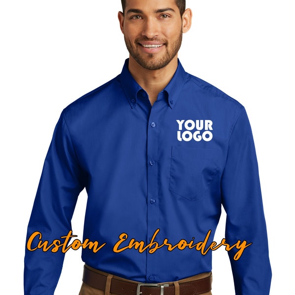 Custom Embroidery on Long Sleeve Carefree Poplin Shirt - Includes 4in x 4in Embroidery - No Setup - Personalize Shirt