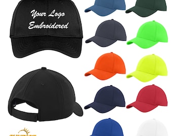 May include: A selection of 12 blank baseball caps in various colors, including black, white, red, blue, green, yellow, and orange. The caps are all made of a soft, breathable fabric and feature a classic six-panel design. The text "Your Logo Embroidered" is displayed on one of the black caps.