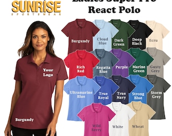 May include: A selection of women's polo shirts in various colors, including burgundy, red, blue, green, grey, black, and white. The shirts are all short-sleeved and have a button-down collar. The text "Ladies Super Pro React Polo" is displayed at the top of the image.