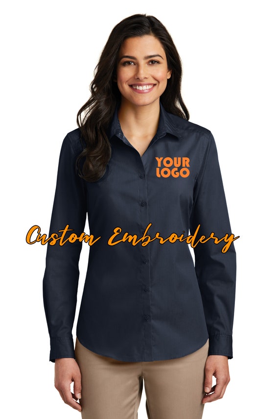 custom embroidered dress shirt Custom Embroidery on Ladies Long Sleeve Carefree Poplin Button-Up Shirt - Includes 4in x 4in Embroidery - No Setup
