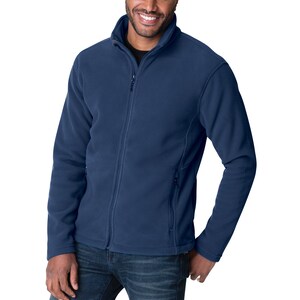 May include: A navy blue fleece jacket with a zipper closure and two zippered pockets. The jacket has a stand-up collar.