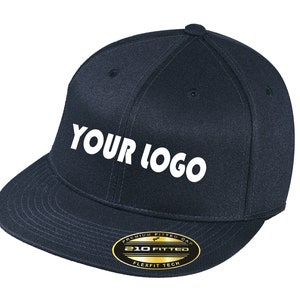 Custom Embroidered Flexfit Flat Bill 210 Cap - Personalized Hat - No Setup - 4in W x 2in H Embroidery included