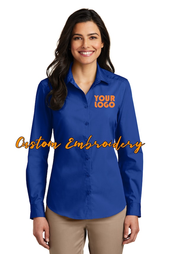 Custom Embroidery on Ladies Long Sleeve Carefree Poplin Button-Up Shirt - Includes 4in x 4in Embroidery - No Setup - Personalize Shirt Custom Embroidery on Ladies Long Sleeve Carefree Poplin Button-Up Shirt - Includes 4in x 4in Embroidery - No Setup - Personalize Shirt