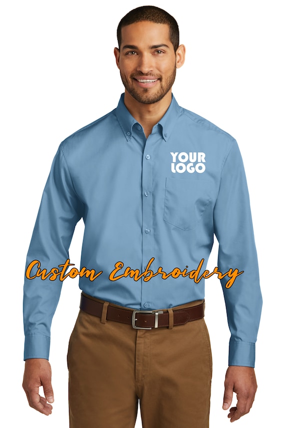Custom Embroidery On Long Sleeve Carefree Poplin Shirt - Includes 4in x 4in Embroidery - No Setup - Personalize Shirt