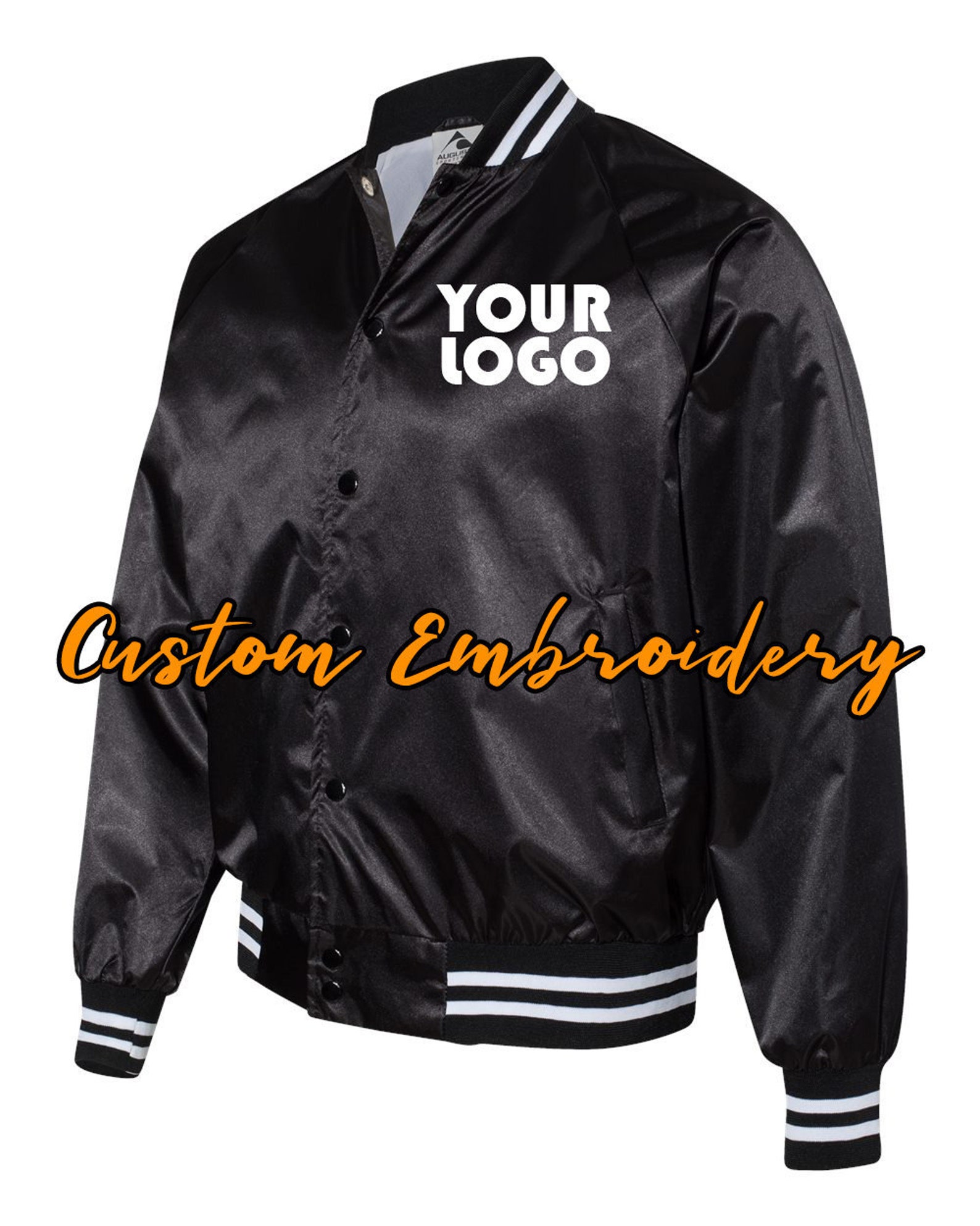Custom Embroidered Satin Baseball Jacket Striped Trim Bomber Etsy
