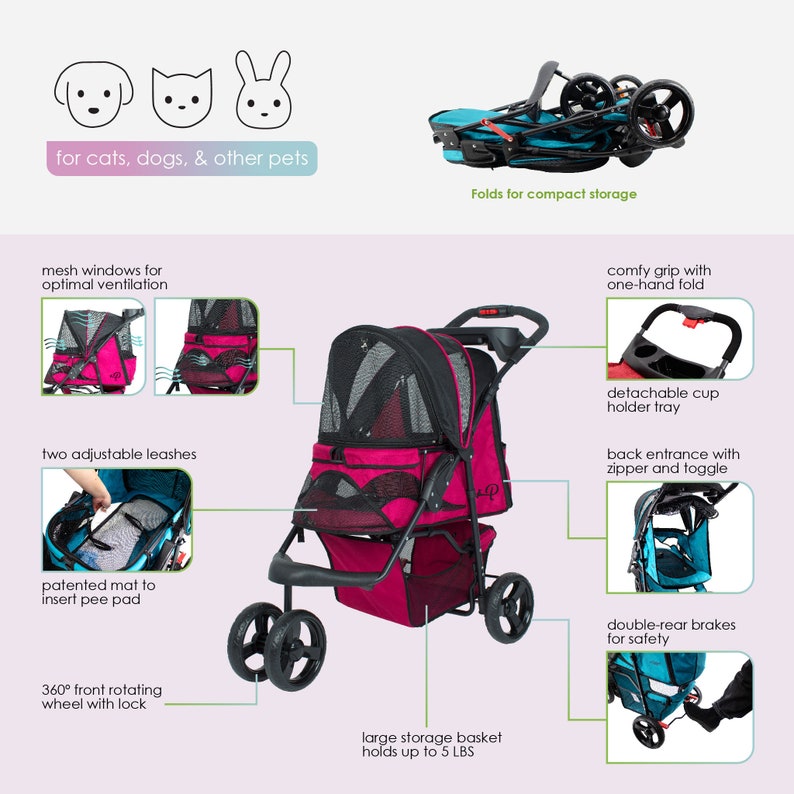 Durable Pet Stroller Razzberry FUCHSIA PINK Large EVA Tires & Double