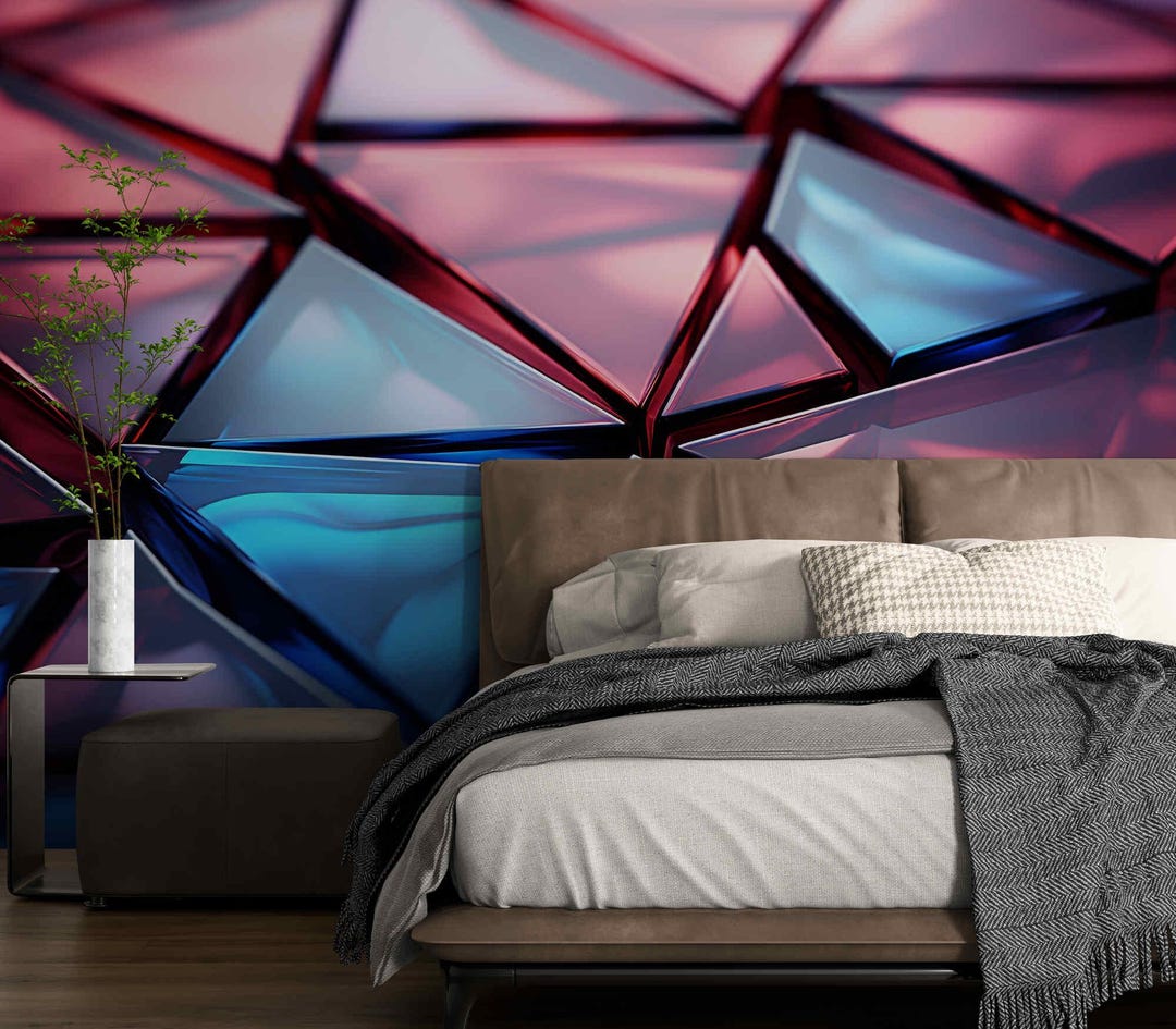 Modern 3D Wallpaper Mural Red and Blue Crystal, Peel and Stick Vinyl ...