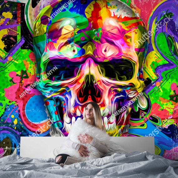 Colorful Scull Graffiti Art Wallpaper Peel Stick Mural Vinyl