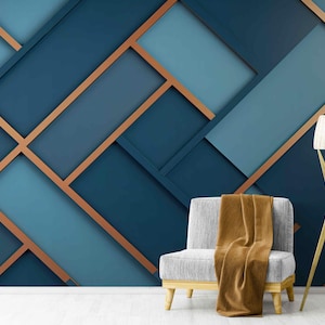 Carta da parati geometrica 3D - moderna carta da parati decorativa blu e oro verde acqua, stacca e attacca, arte astratta, design della parete del soggiorno