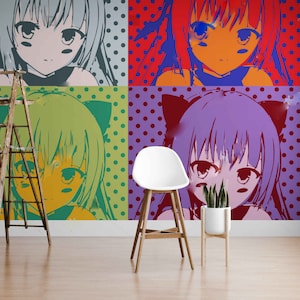 Carta da parati murale anime multicolore autoadesiva, decorazione murale personalizzata e rimovibile, carta da parati murale per camera da letto delle ragazze, rivestimento murale facile da applicare