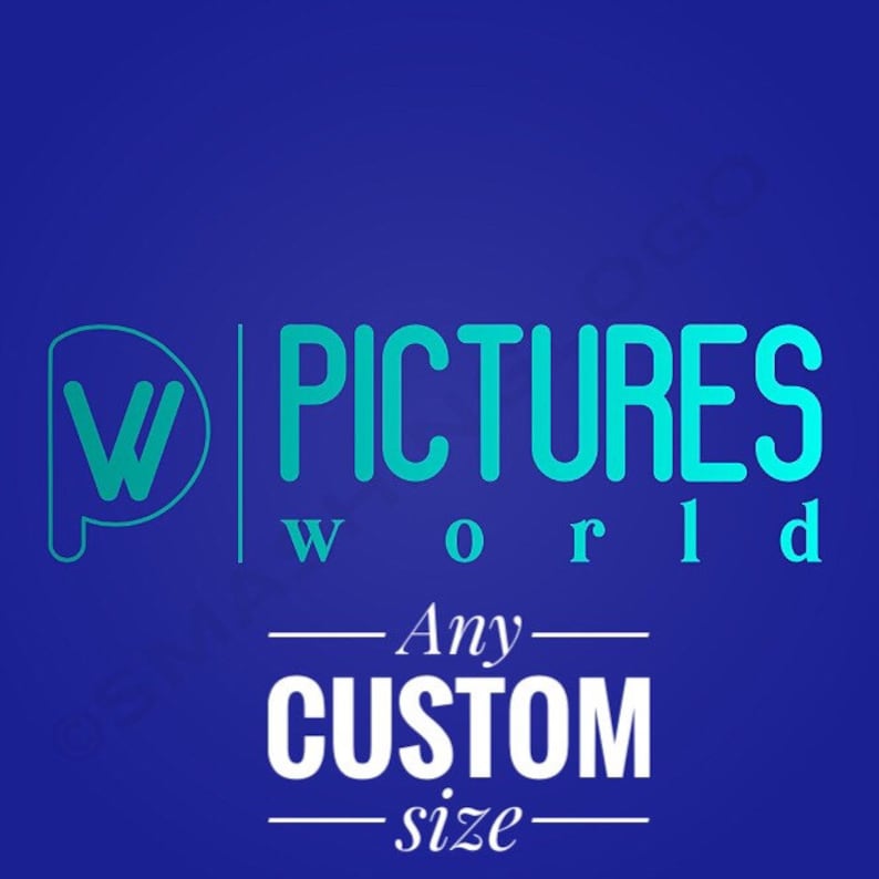 May include: A teal blue logo with the text "PICTURES WORLD" and the letter "W" in a stylized font. The text "Any CUSTOM size" is below the logo.