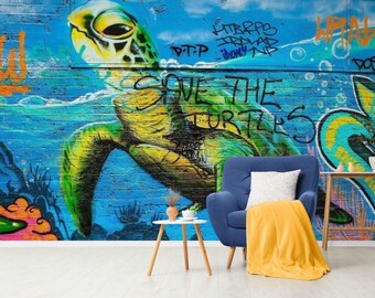 Turtle Graffiti Wallpaper Peel and Stick Wall Mural, Urban Street Art Decor