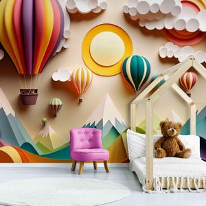 Carta da parati artistica con mongolfiera – Carta da parati con cielo e arcobaleno, carta da parati AI staccabile e adesiva per cameretta dei bambini, asilo nido o sala giochi