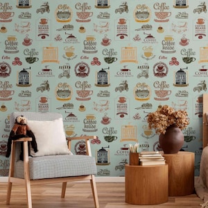 Vintage Coffee Shop Wallpaper - Retro Cafe Wandbild für Küche, Esszimmer, Peel & Stick oder traditionelles Kaffee-Wandpapier für Barista-Liebhaber