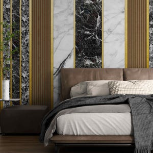 Luxury Statement Wallpaper for Interiors - Modern Marble & Gold Vertical Panel Design Wall Mural with White and Black Stone Self Adhesive
