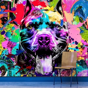 Hunde Graffiti Wandbild - abnehmbare schälen und aufkleben Tapete, Staffordshire Bullterrier, Graffiti Tapete Wandbild, bunte Graffiti Tapete