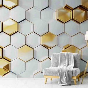 3D-Hexagon-Tapete Wandbild - Moderne Kunst zum Abziehen und Aufkleben, Geometrische Honigwaben-Wandverkleidung, Abnehmbare Tapete mit Akzenten