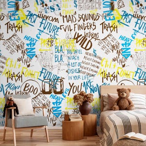 Carta da parati con graffiti tipografici – murale di street art staccabile e attaccabile – arte murale con motivo a lettere – stile grunge per camera da letto per adolescenti, sala giochi
