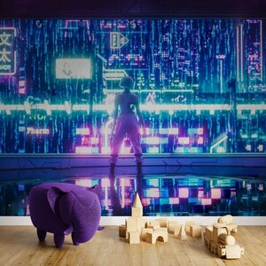 May include: A purple elephant-shaped ottoman sits on a wooden floor, with a backdrop of a futuristic cityscape and a person in pink pants. Wooden toy blocks and a train are also on the floor. The scene has a neon, cyberpunk aesthetic.