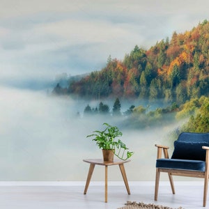 Serene embrace of nature with our Foggy Forest mural peel and stick custom wall paper for living room accent mural wallpaper forest wall art
